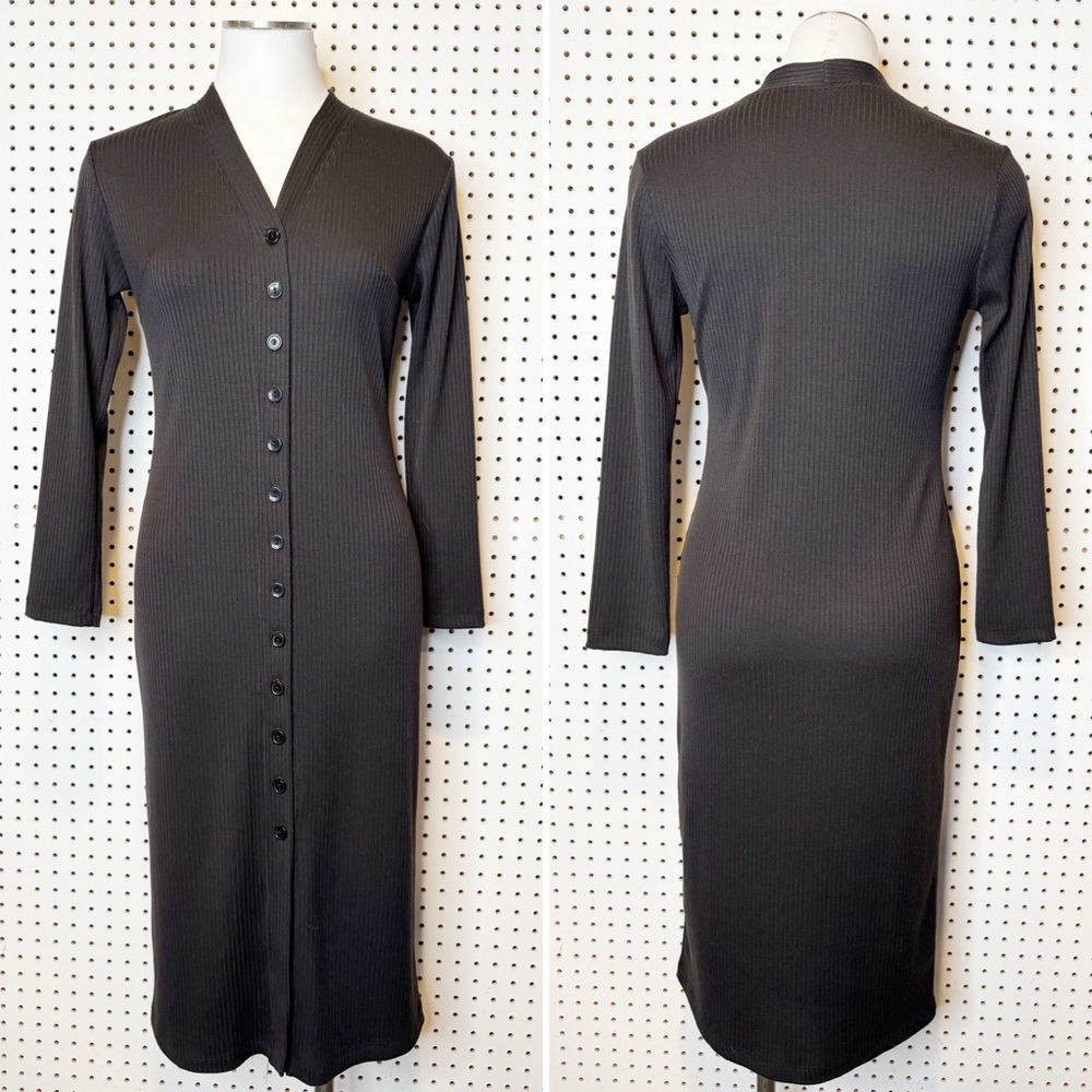 Fraiche | Ribbed Button-Front Dress, Black, V-neck, Long Sleeves Sz. S